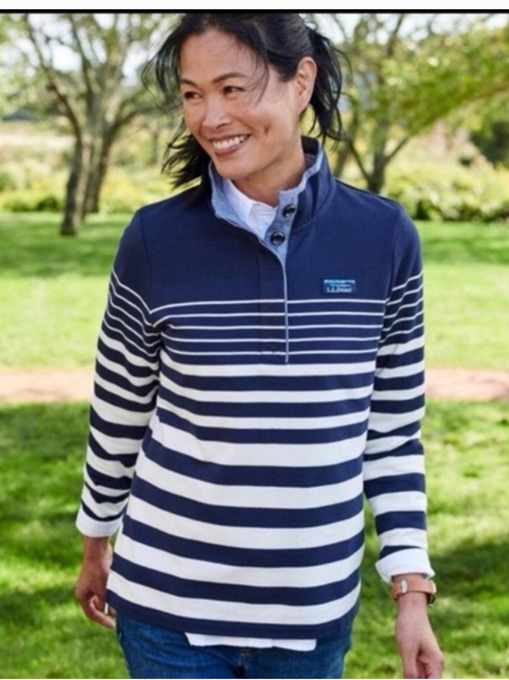 L.L. Bean Striped Navy and White Women’s Quarter-Button Pullover